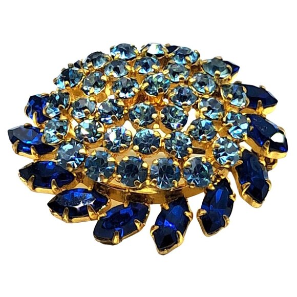 Austria Rhinestone Brooch Earrings Set Two Tone Blue Signed Vintage Costume Jewe - Picture 2 of 14